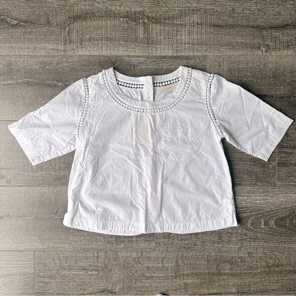 LOFT Women’s White Poplin Top XS Crochet Lace Trim Back Button Crop 3/4 Sleeve